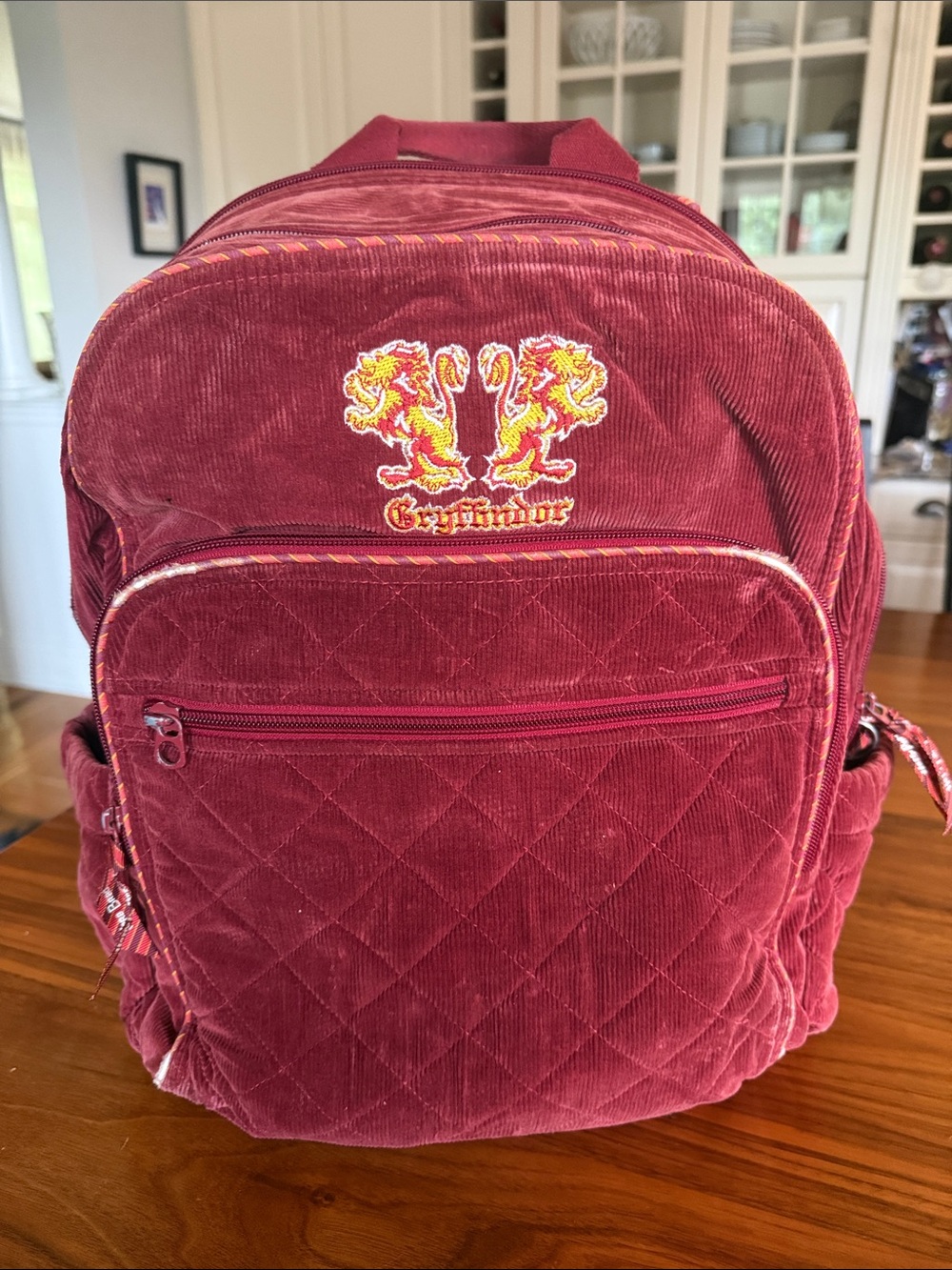 Vera Bradley Quilted Corduroy Backpack in Burgundy with Gryffindor Crest